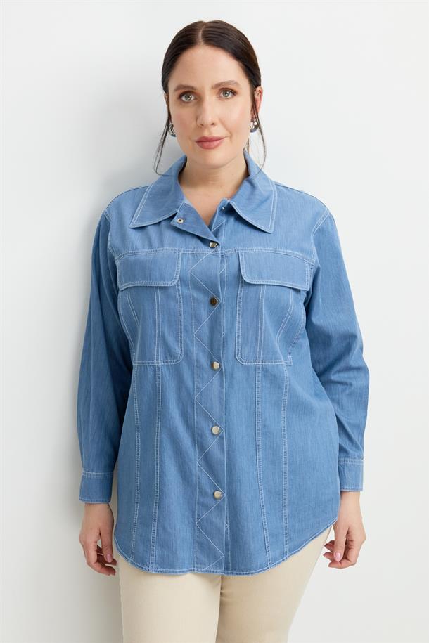 Büyük Beden Çıtçıt Düğme Kot Gömlek-MAVİ