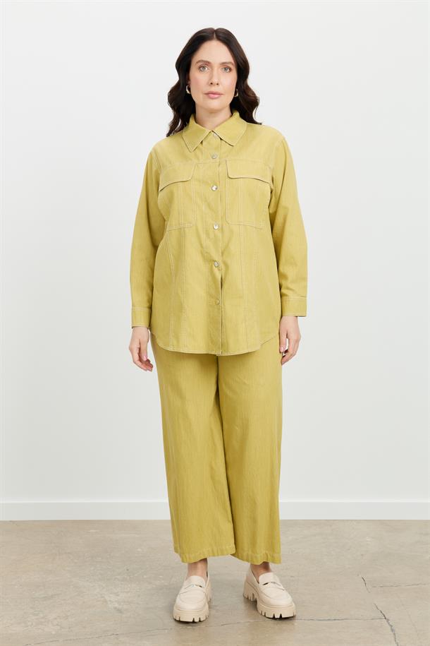 Büyük Beden Çıtçıt Düğme Kot Gömlek-SARI