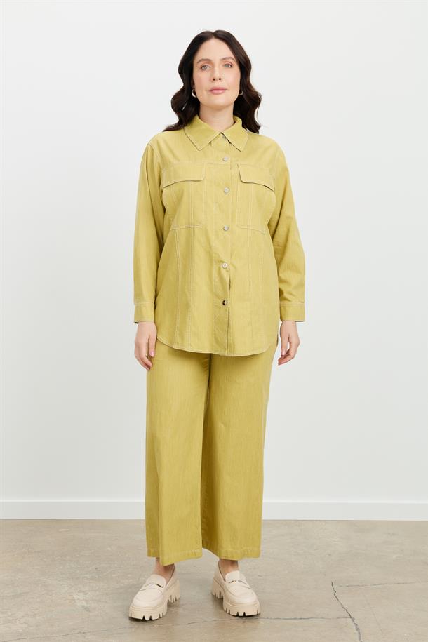 Büyük Beden Çıtçıt Düğme Kot Gömlek-SARI