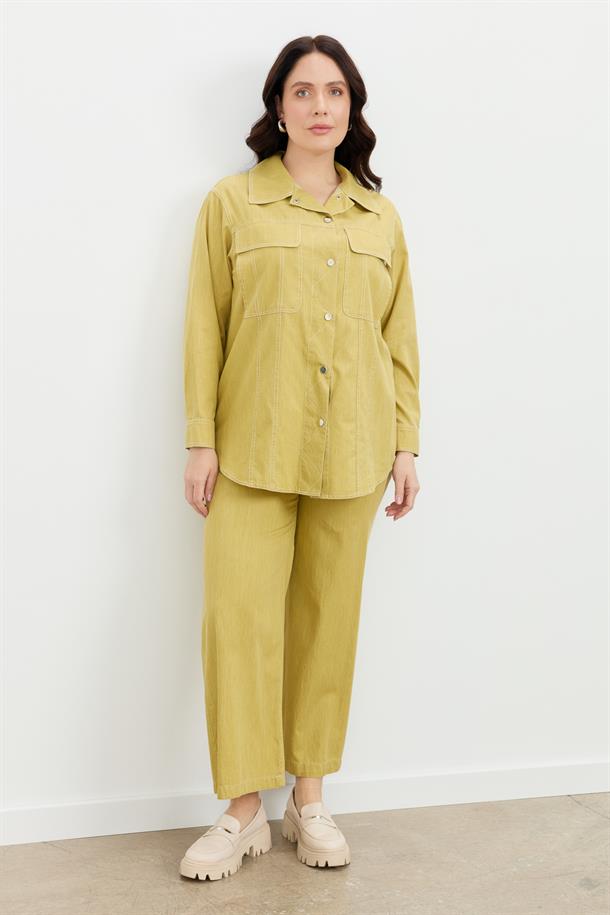 Büyük Beden Çıtçıt Düğme Kot Gömlek-SARI