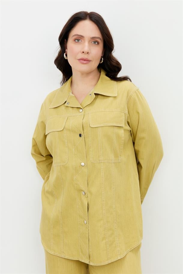 Büyük Beden Çıtçıt Düğme Kot Gömlek-SARI