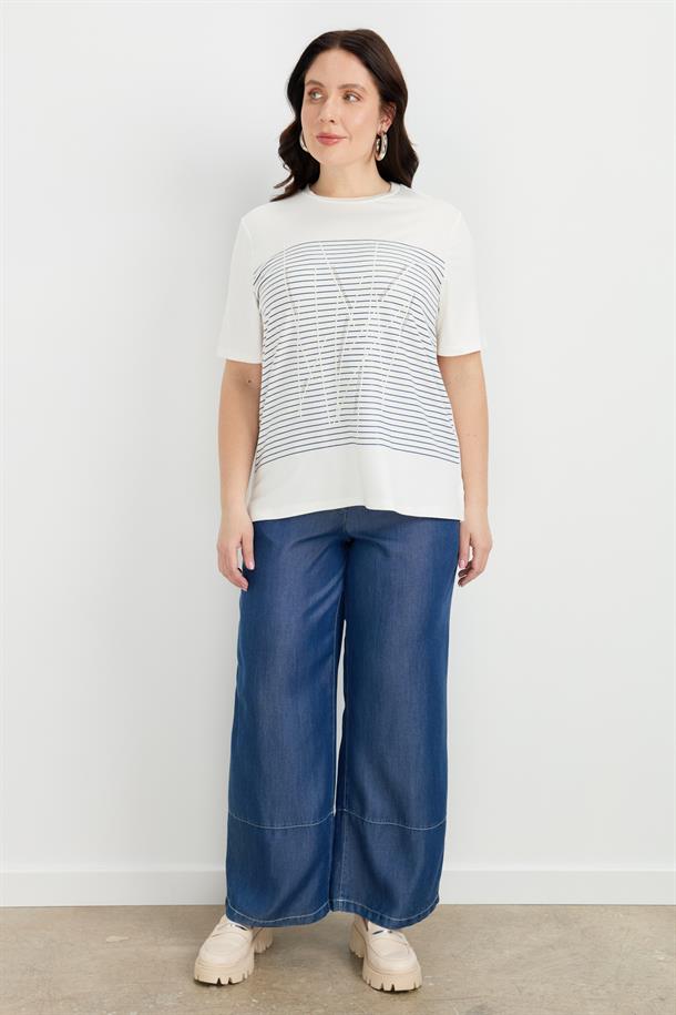 Büyük Beden Çizgi Desen Bluz-İNDİGO