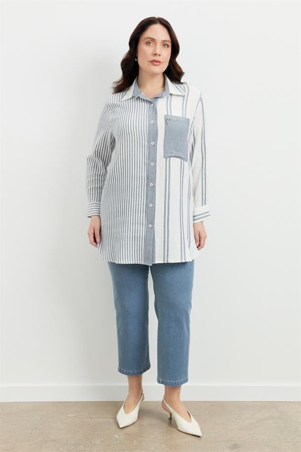 Büyük Beden Çizgi Desen Uzun Gömlek-MAVİ