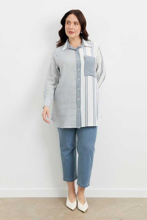 Büyük Beden Çizgi Desen Uzun Gömlek-MAVİ