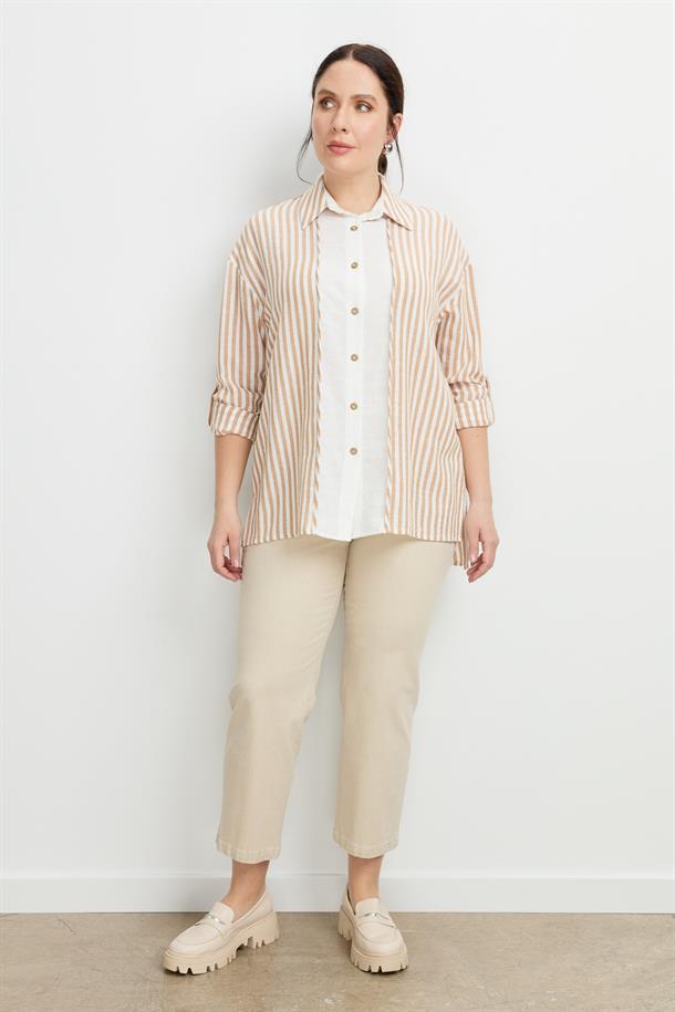 Büyük Beden Çizgi Detaylı Gömlek-CAMEL
