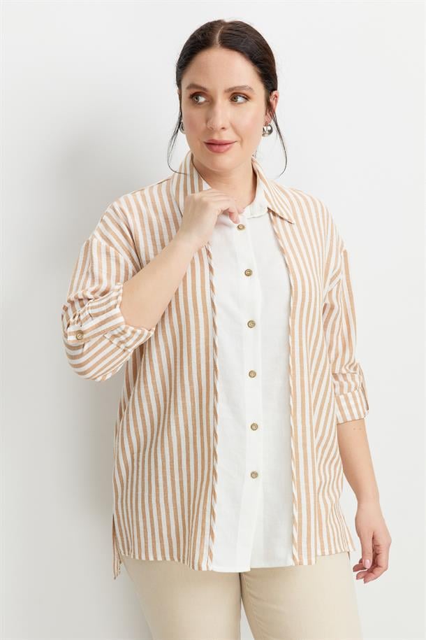 Büyük Beden Çizgi Detaylı Gömlek-CAMEL