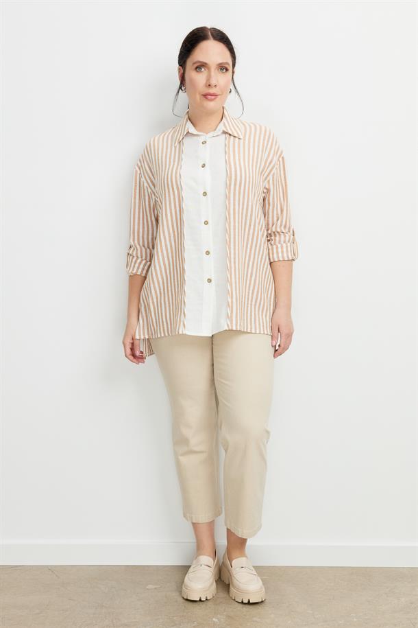 Büyük Beden Çizgi Detaylı Gömlek-CAMEL