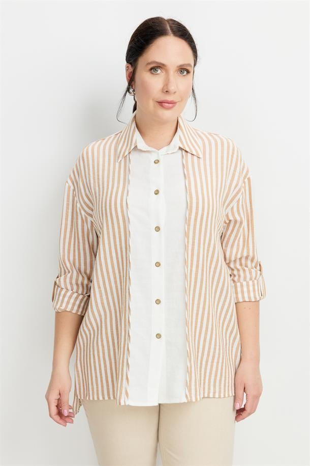 Büyük Beden Çizgi Detaylı Gömlek-CAMEL