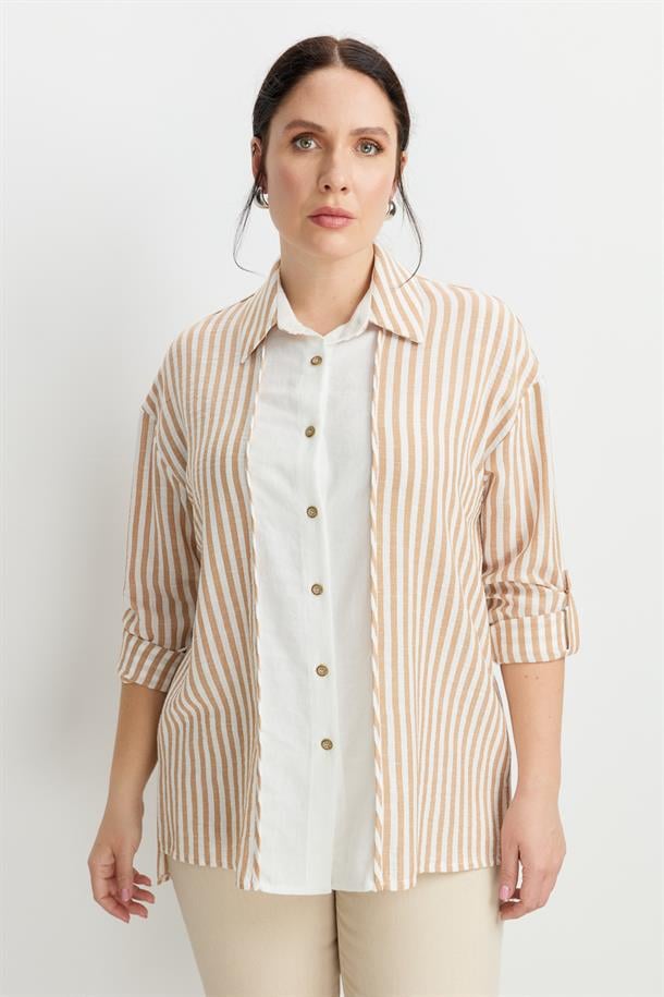Büyük Beden Çizgi Detaylı Gömlek-CAMEL