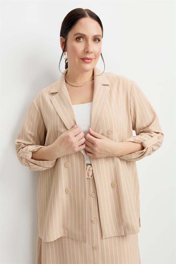 Büyük Beden Çizgili Linda Ceket-VİZON