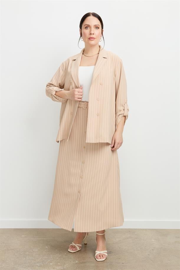 Büyük Beden Çizgili Linda Ceket-VİZON