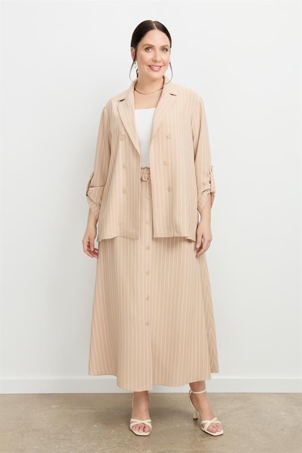 Büyük Beden Çizgili Linda Ceket-VİZON