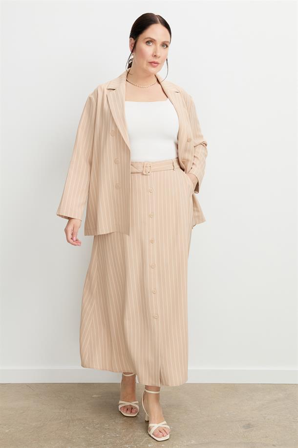 Büyük Beden Çizgili Linda etek-VİZON