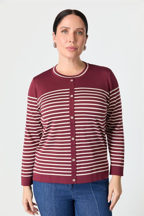 Büyük Beden Çizgili Triko Kazak-BORDO