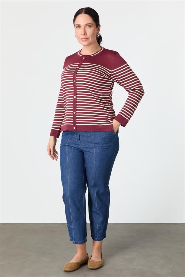 Büyük Beden Çizgili Triko Kazak-BORDO