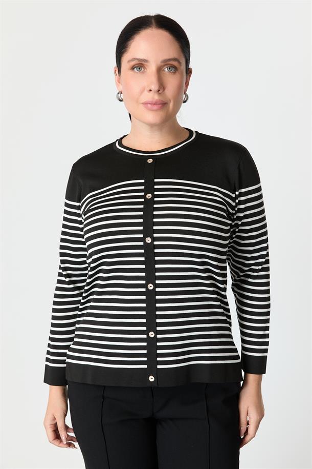 Büyük Beden Çizgili Triko Kazak-SİYAH