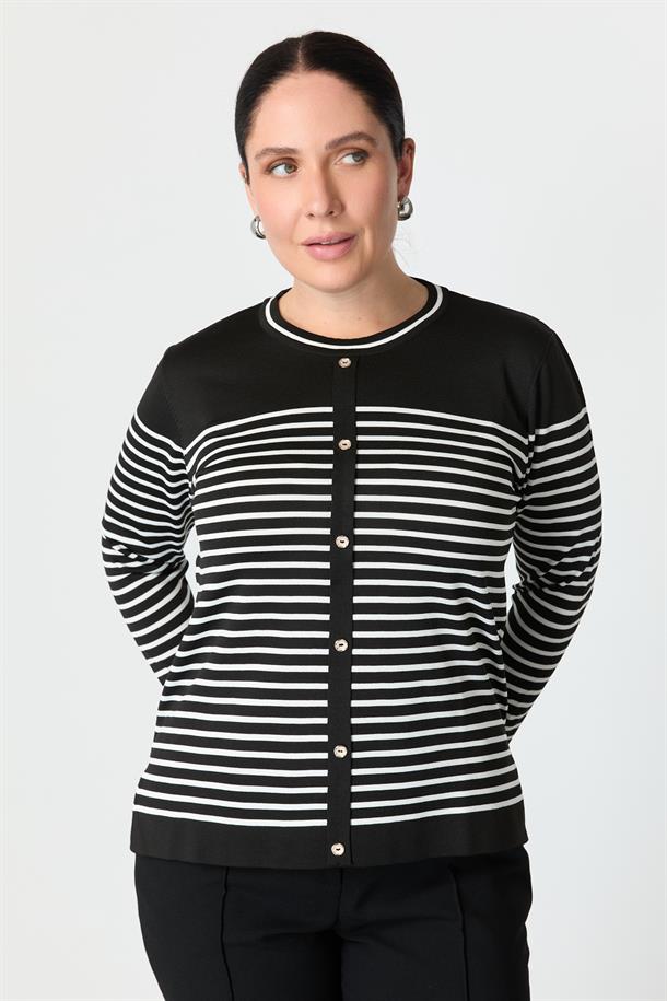 Büyük Beden Çizgili Triko Kazak-SİYAH