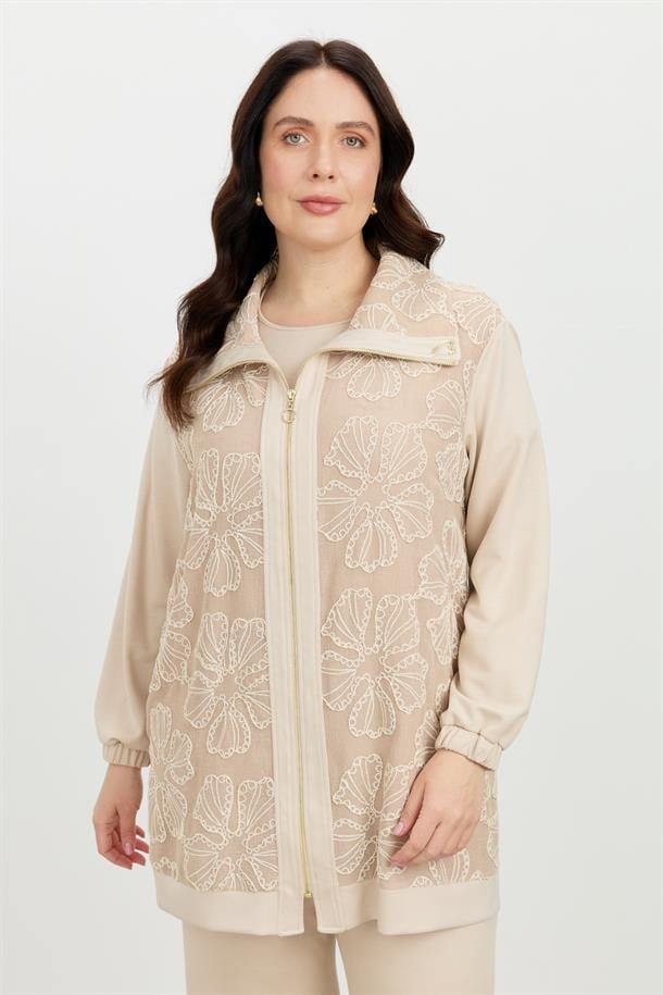 Büyük Beden Dantel Detay 2li Takım-BEJ