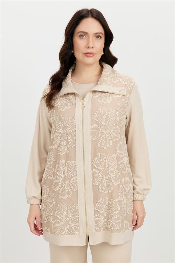 Büyük Beden Dantel Detay 2li Takım-BEJ