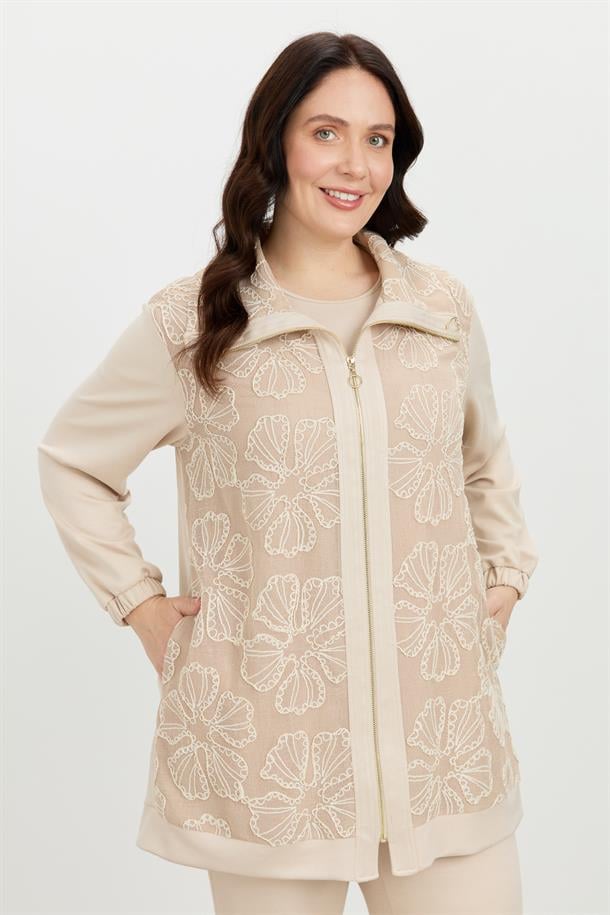 Büyük Beden Dantel Detay 2li Takım-BEJ