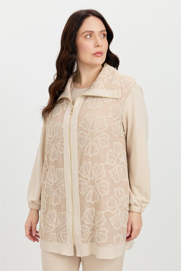 Büyük Beden Dantel Detay 2li Takım-BEJ