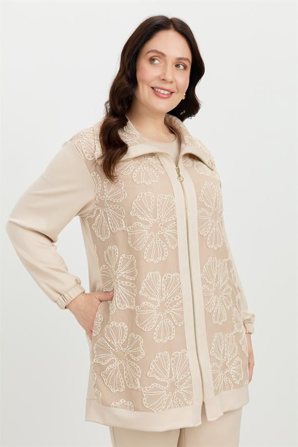 Büyük Beden Dantel Detay 2li Takım-BEJ