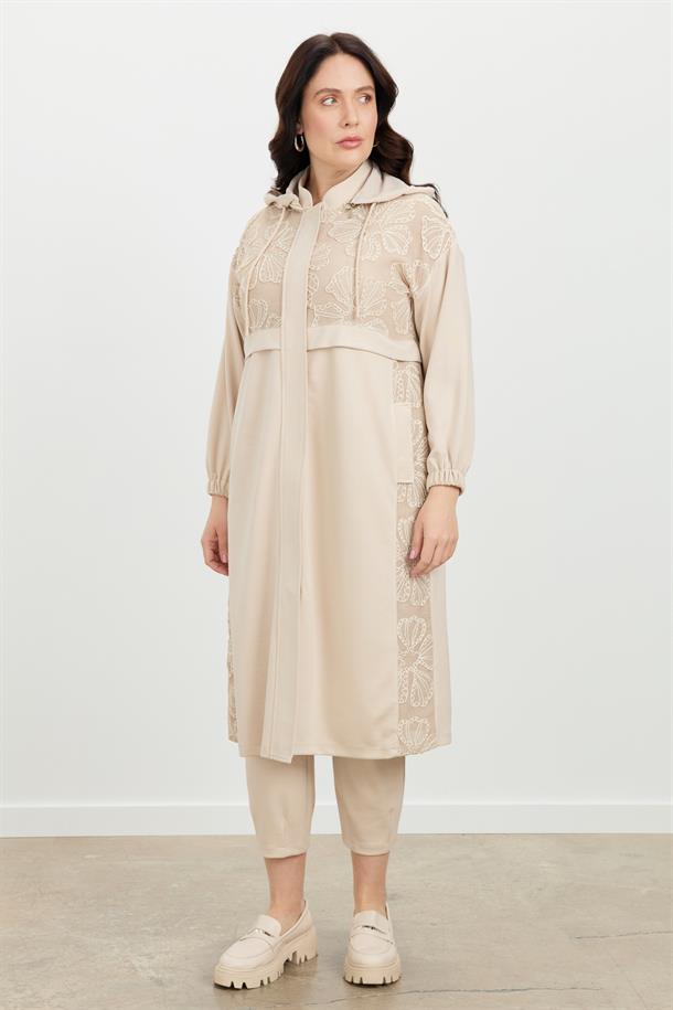 Büyük Beden Dantel Detay Tunik-BEJ