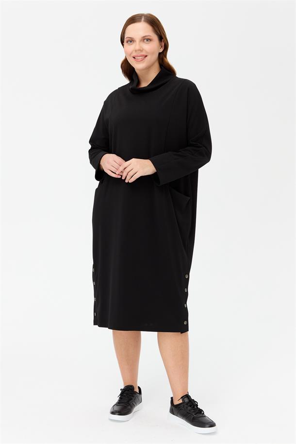 Büyük Beden Degaje Yaka Cepli Elbise-SİYAH