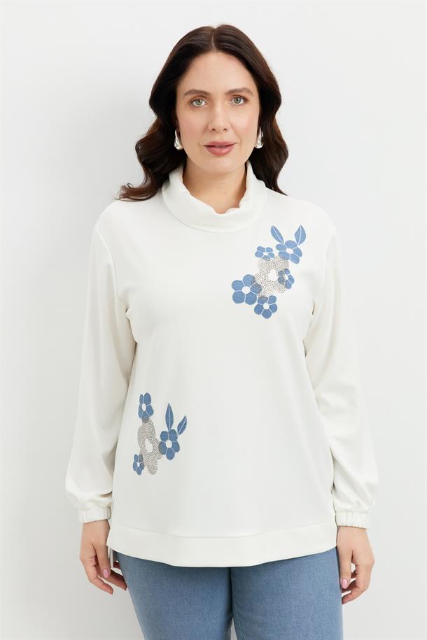 Büyük Beden Degaje Yaka Sweatshirt-EKRU