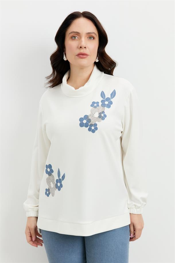 Büyük Beden Degaje Yaka Sweatshirt-EKRU