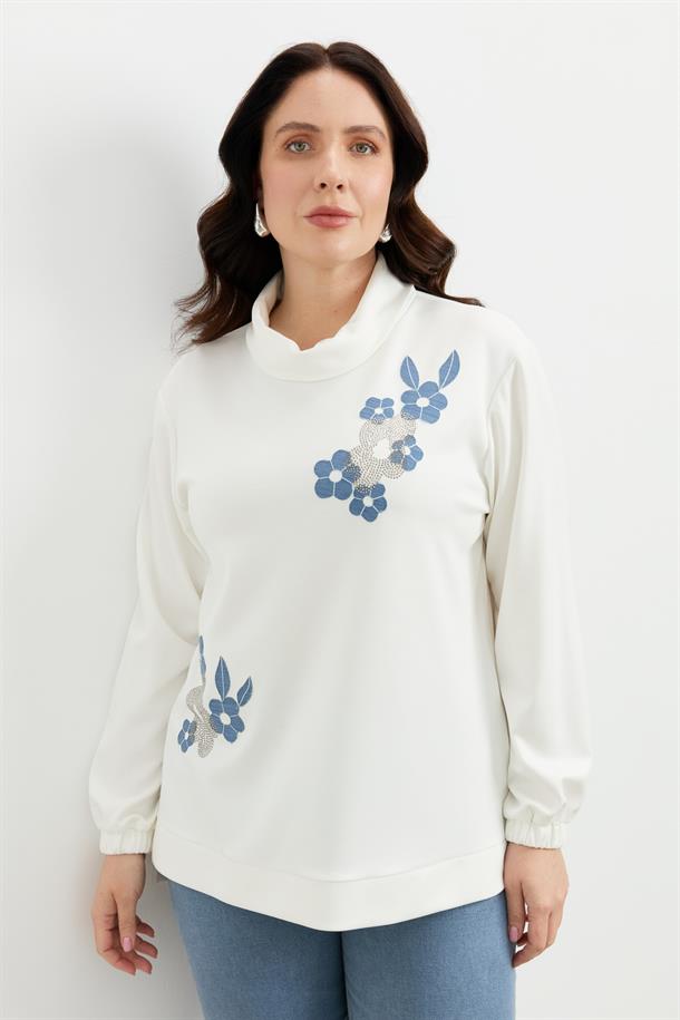 Büyük Beden Degaje Yaka Sweatshirt-EKRU