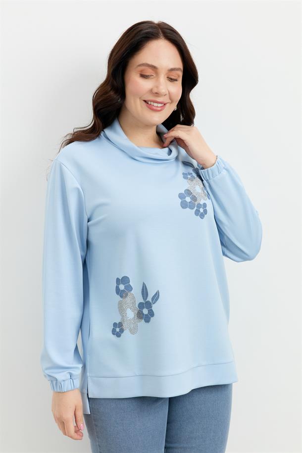 Büyük Beden Degaje Yaka Sweatshirt-MAVİ