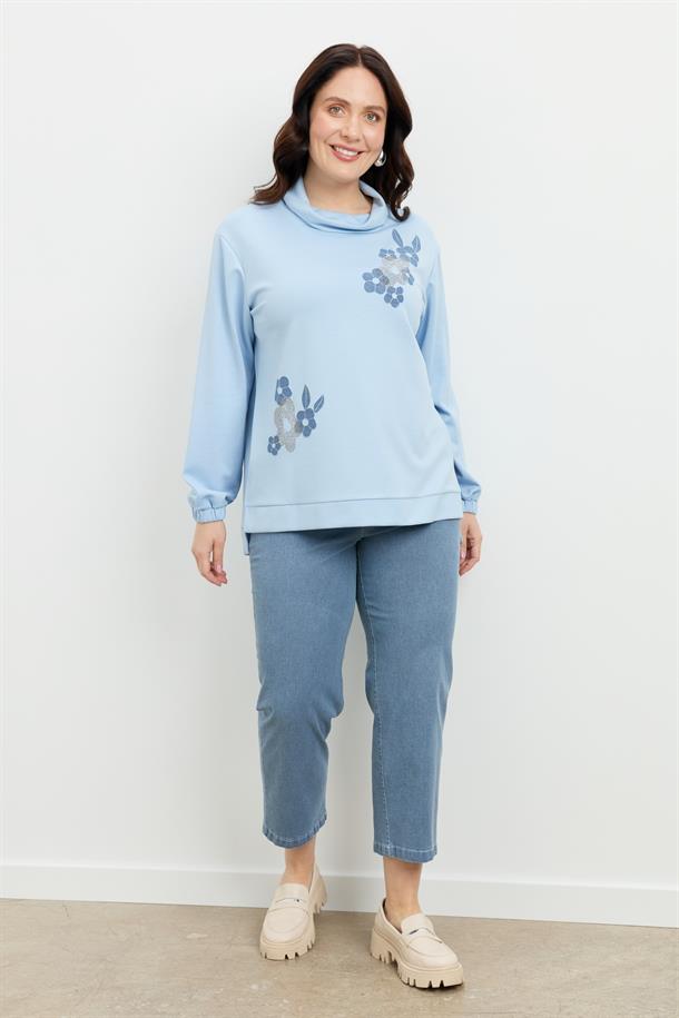 Büyük Beden Degaje Yaka Sweatshirt-MAVİ