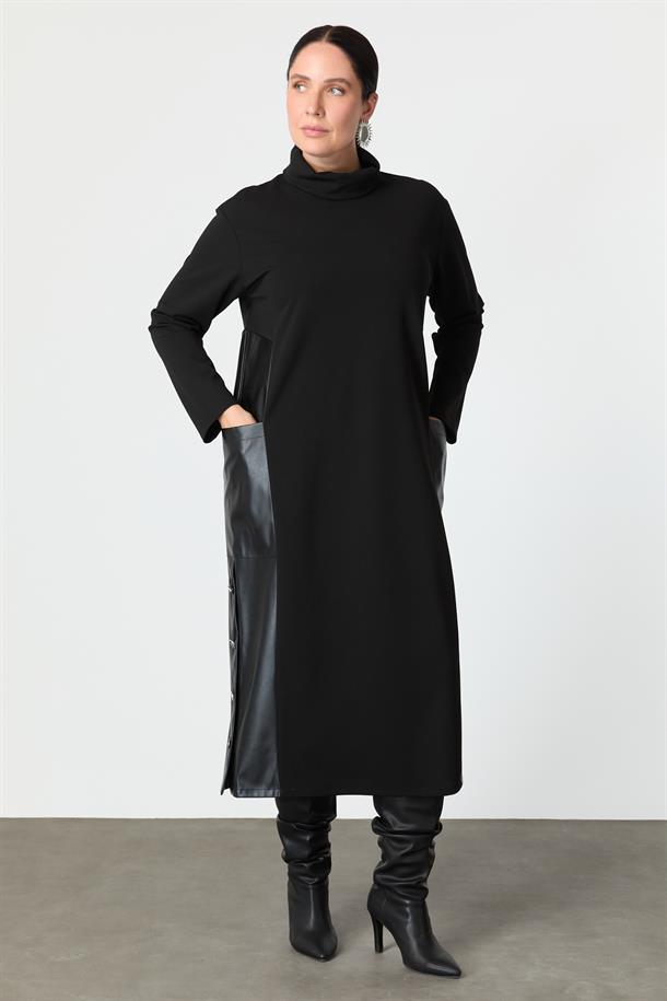 Büyük Beden Deri Detaylı Krep Elbise-SİYAH