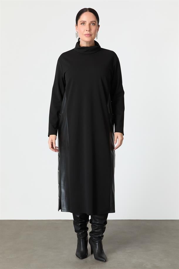 Büyük Beden Deri Detaylı Krep Elbise-SİYAH