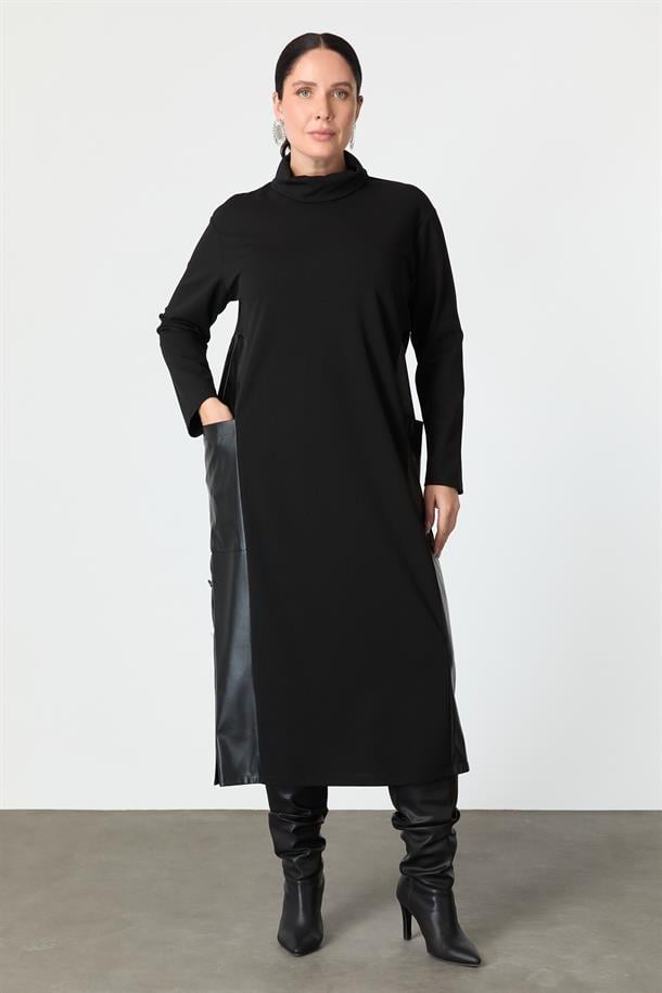 Büyük Beden Deri Detaylı Krep Elbise-SİYAH