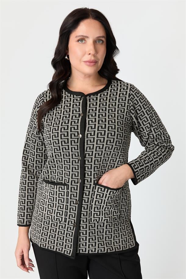 Büyük Beden Desenli Cep Detay Triko Hırka-SİYAH