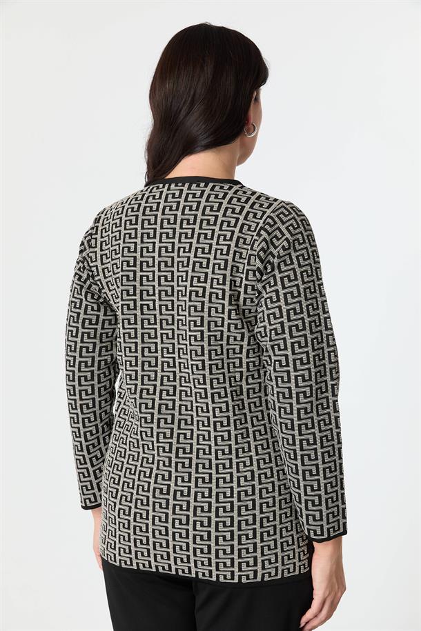 Büyük Beden Desenli Cep Detay Triko Hırka-SİYAH