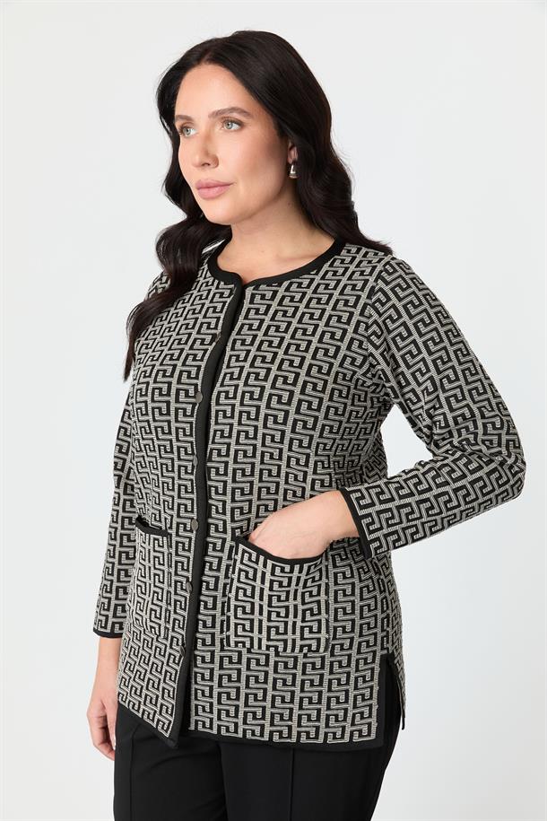 Büyük Beden Desenli Cep Detay Triko Hırka-SİYAH