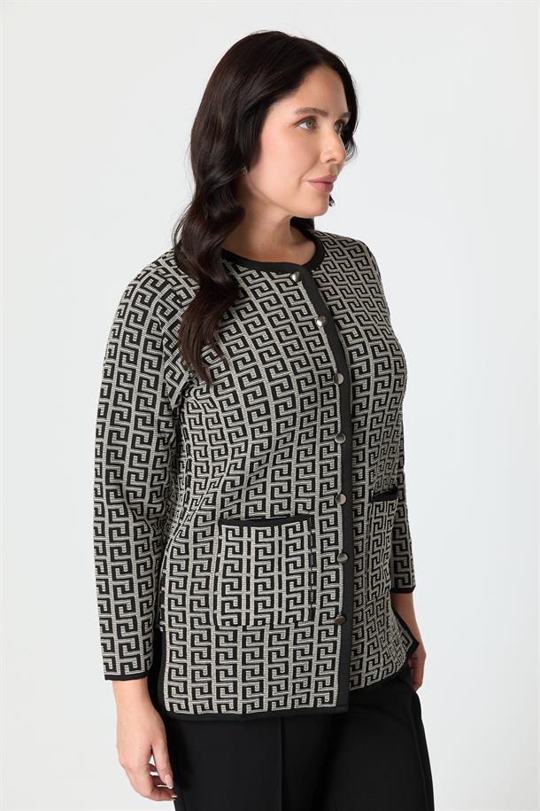 Büyük Beden Desenli Cep Detay Triko Hırka-SİYAH