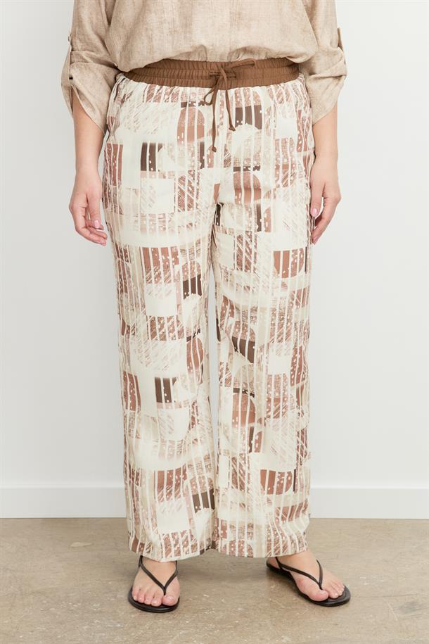 Büyük Beden Desenli Keten Pantolon-KAHVE