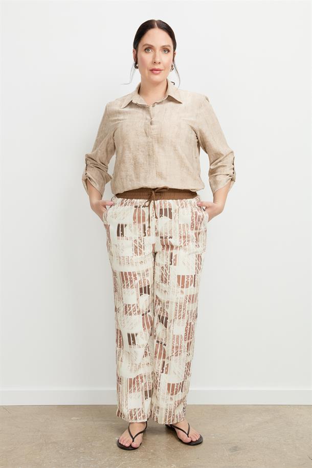 Büyük Beden Desenli Keten Pantolon-KAHVE