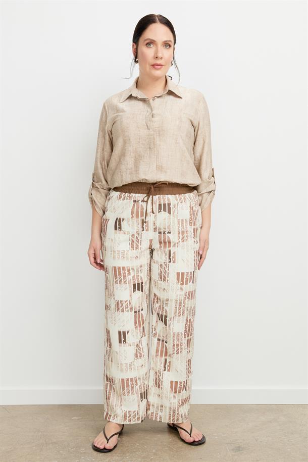 Büyük Beden Desenli Keten Pantolon-KAHVE