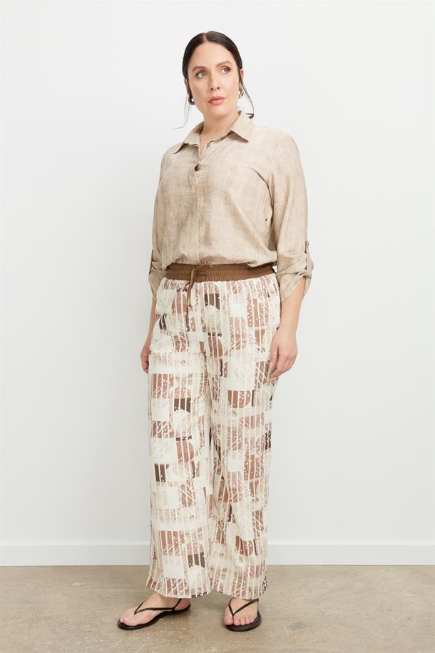 Büyük Beden Desenli Keten Pantolon-KAHVE