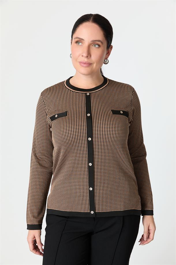 Büyük Beden Desenli Triko Kazak-SİYAH/VİZON