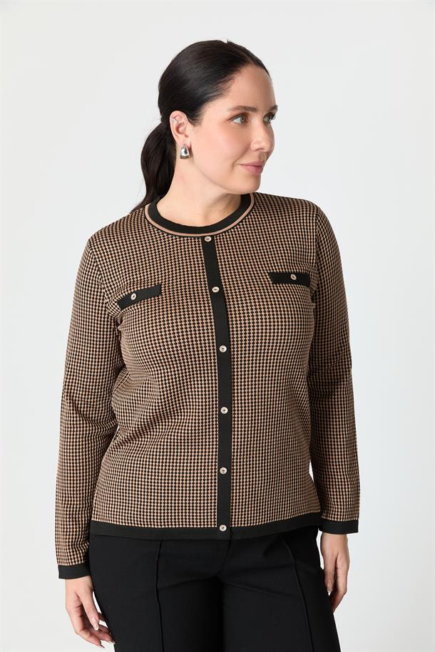 Büyük Beden Desenli Triko Kazak-SİYAH/VİZON