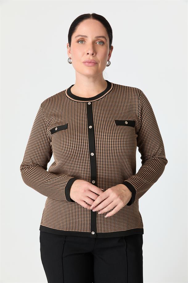 Büyük Beden Desenli Triko Kazak-SİYAH/VİZON