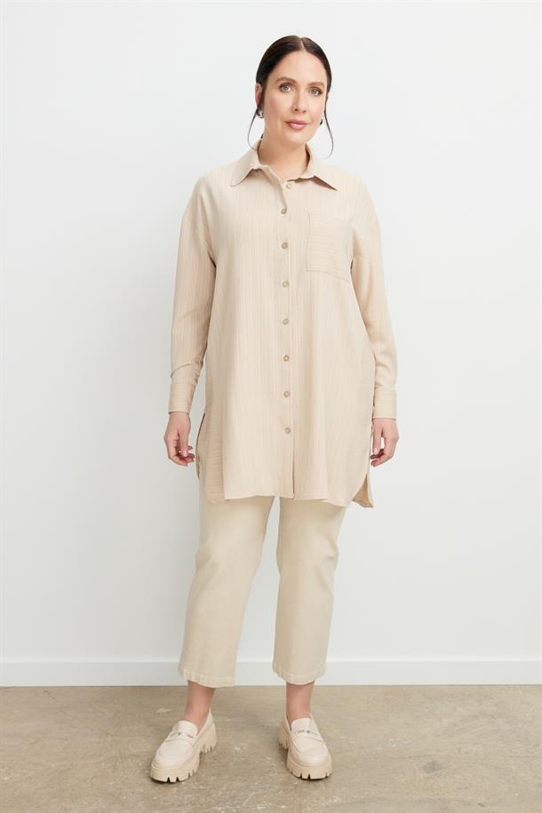 Büyük Beden Dokulu Tunik Gömlek-BEJ
