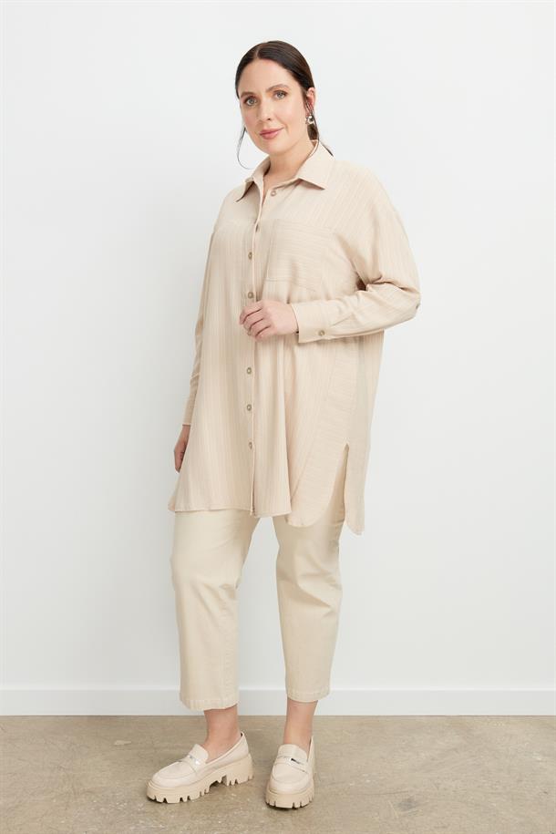 Büyük Beden Dokulu Tunik Gömlek-BEJ