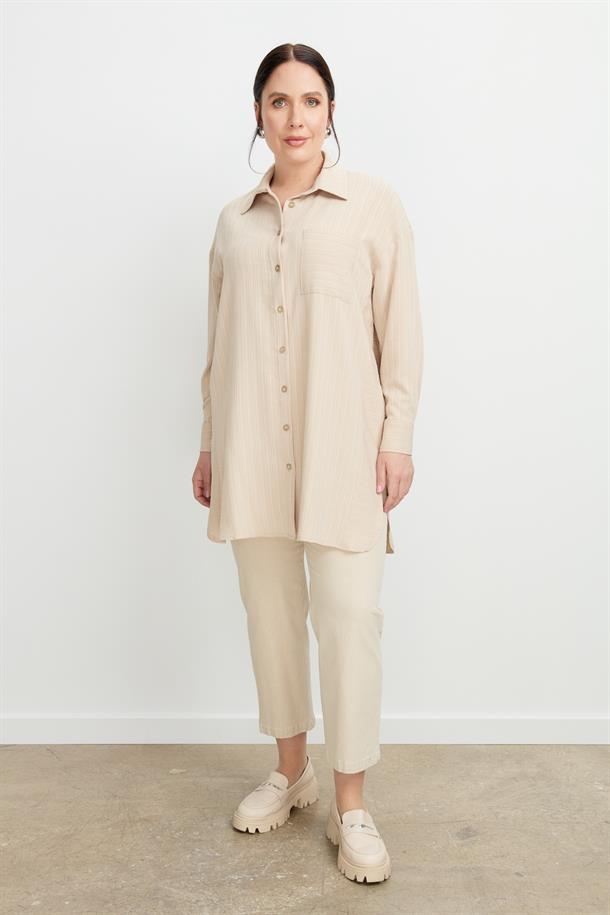 Büyük Beden Dokulu Tunik Gömlek-BEJ
